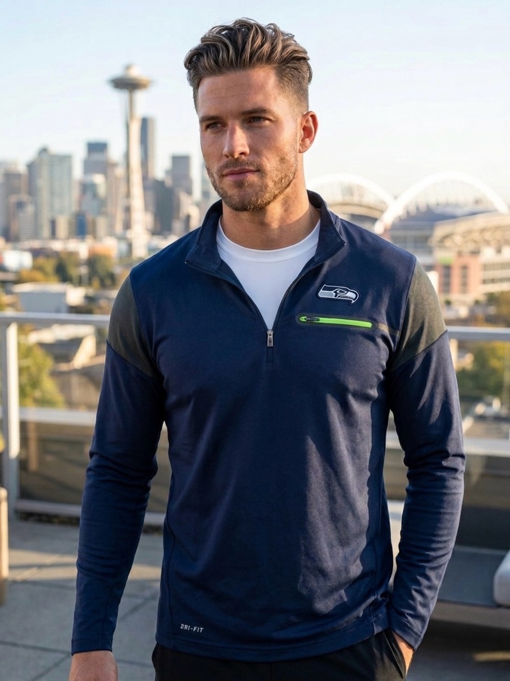 NFL Seattle Seahawks Navy and Gray Dri-FIT Onfield Apparel Top Quarter Zip